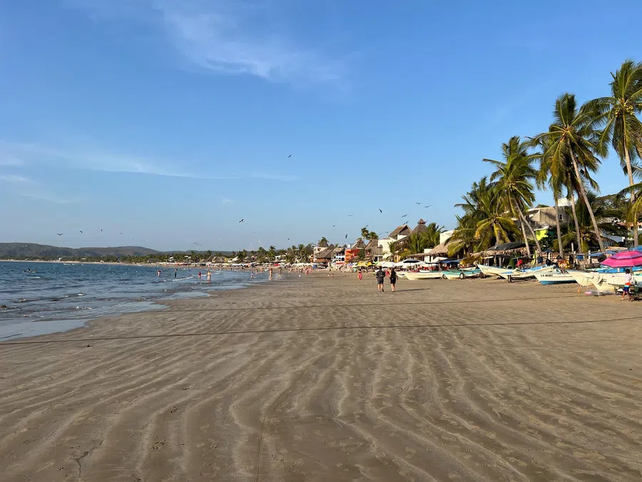 Wide sandy beach, fishing boats, palms and village life stretching along La Manzanilla Bay.