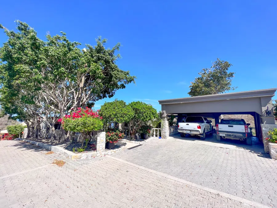 Spacious paved arrival court with mature tropical landscaping and covered parking at the residence.