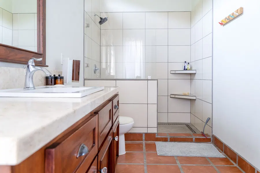 Bright en-suite bath with stone counter, wood vanity and walk-in shower.