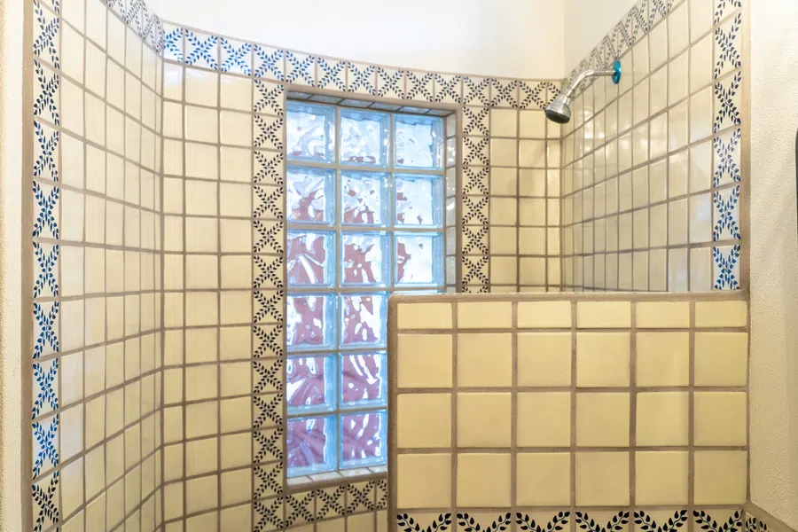 Traditional patterned tile and glass block bring character and light to the shower.