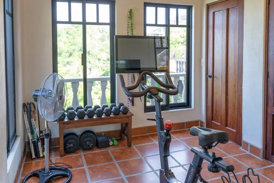 Exercise space with large windows overlooking the tropical hillside.