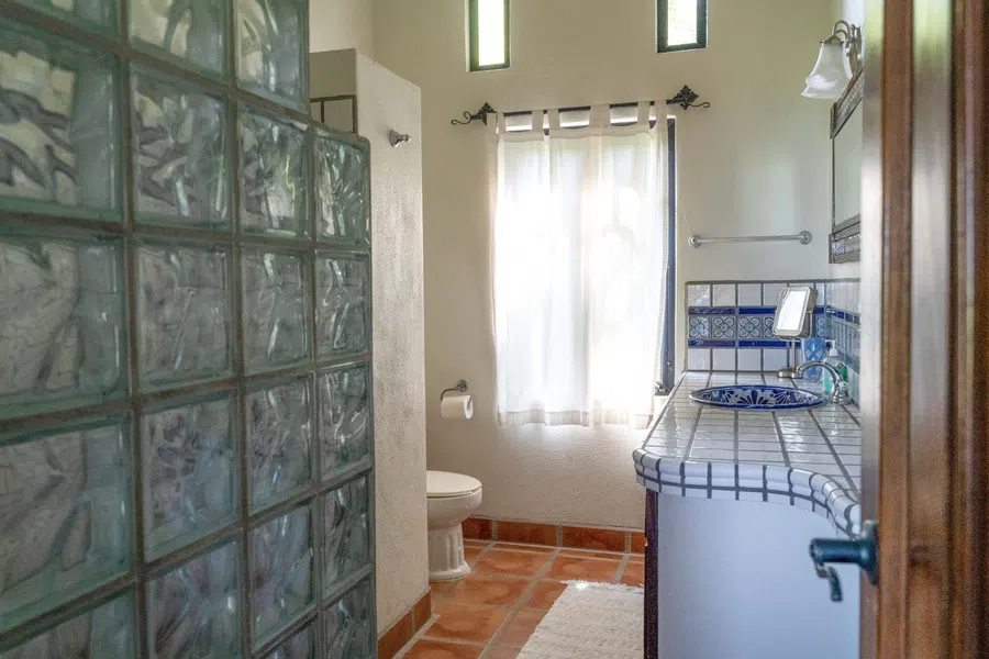 Private bath with Mexican tile, glass block and natural light.